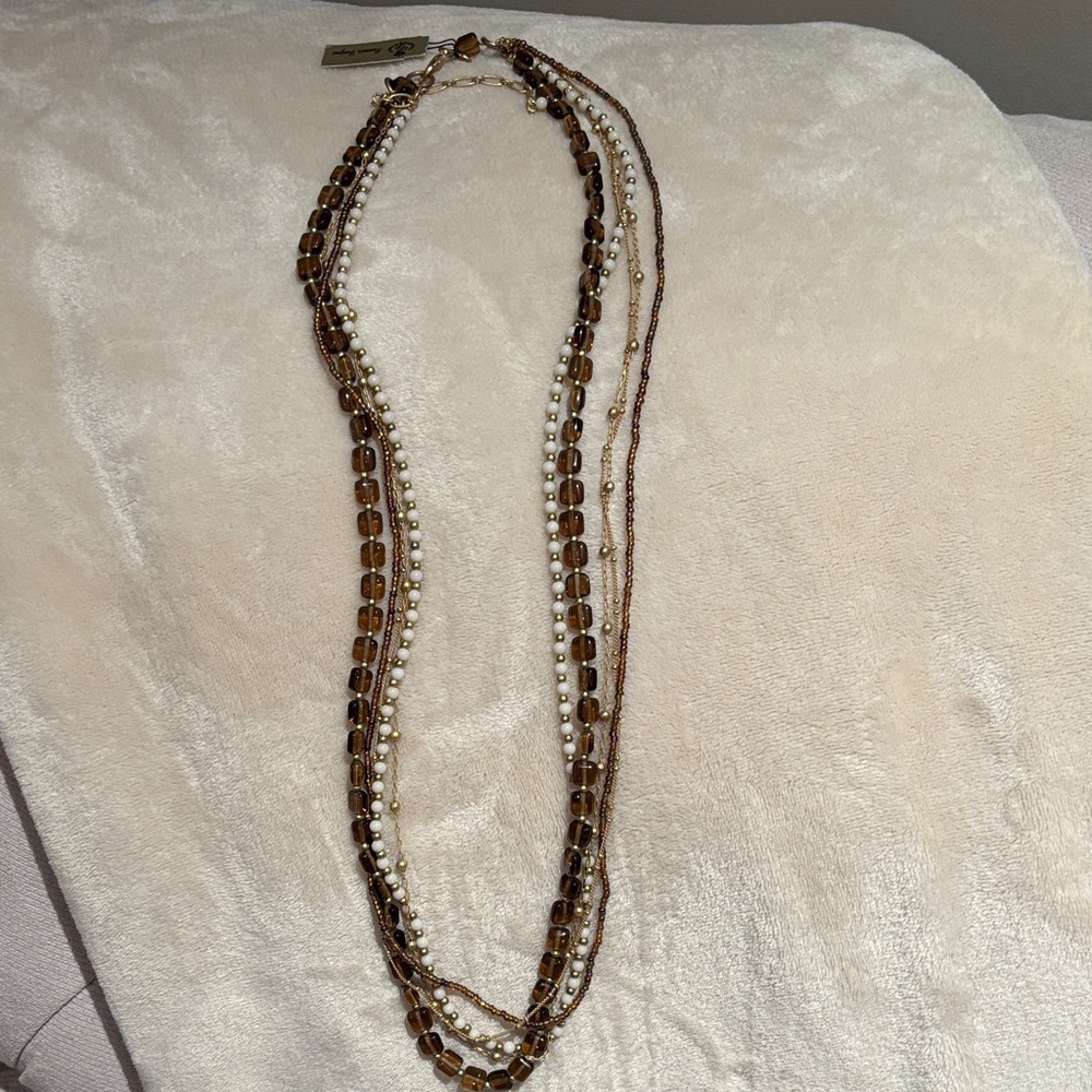 Premier Designs Brown and Cream Beaded Necklace with gold chains